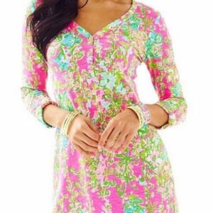 Lilly Pulitzer (Size M) Multicolor V-Neck Button Roll Tab Sleeve Shift Dress